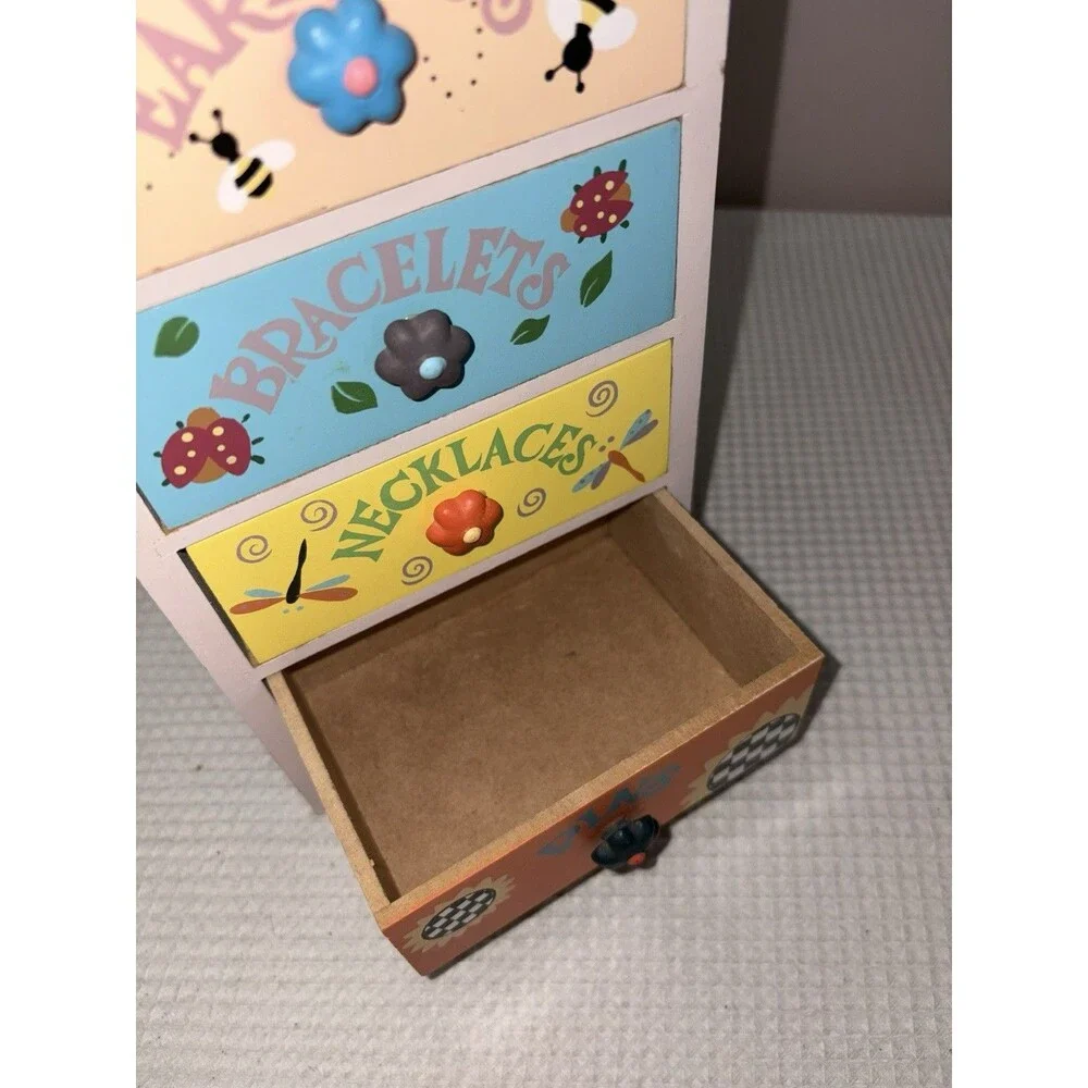 Vintage Y2K Wooden Mini Dresser Jewelry Box Kids Girls Hand Painted Trinket
